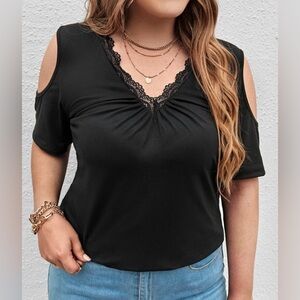 Contrast Lace Cold Shoulder Tee
